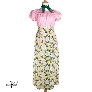 Vintage Yellow Floral Rayon Skirt 34" Long with Side Slits Size Medium - Hey Viv